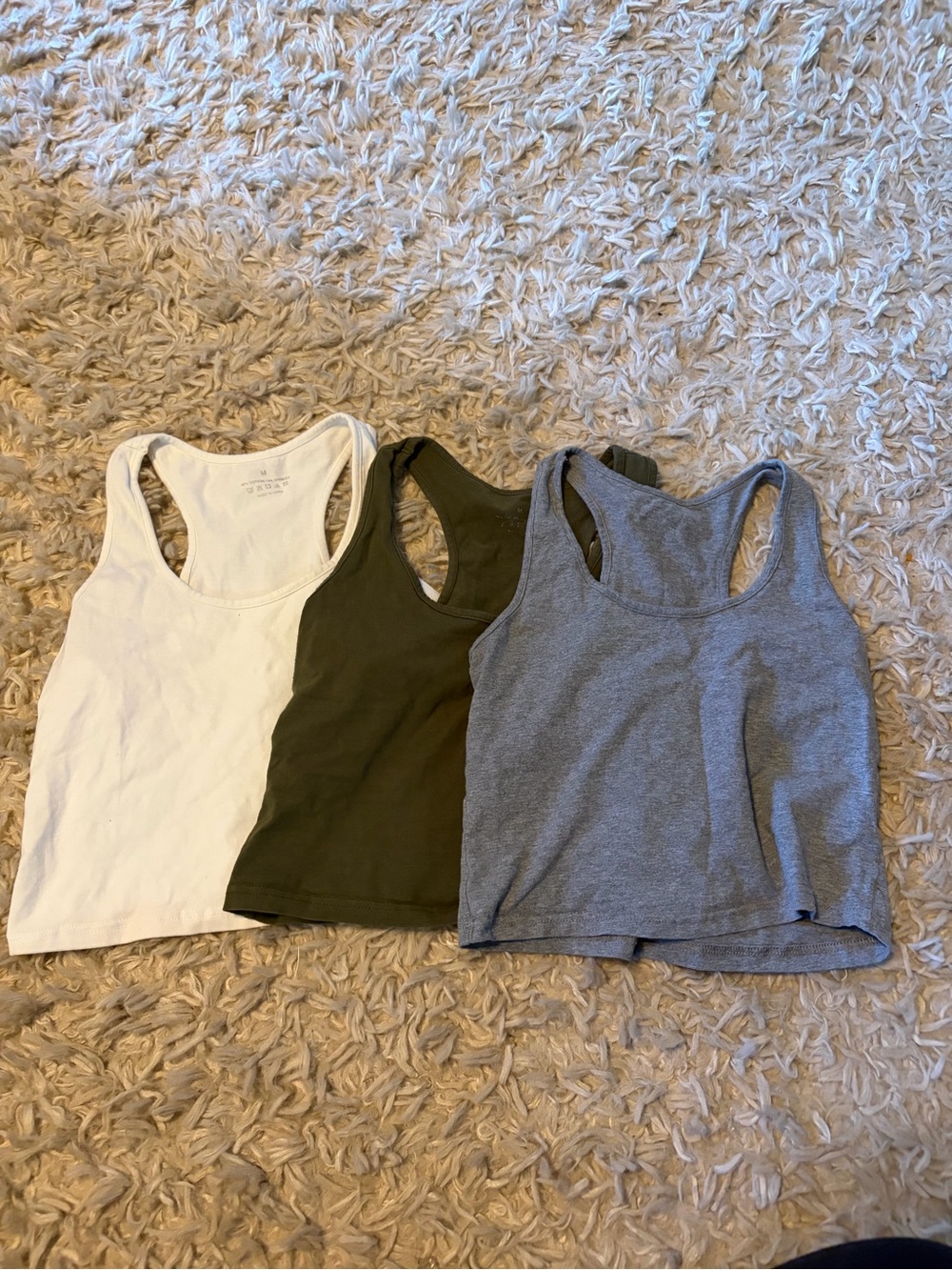 Racerback Tank Top Trio — White, Olive, Heather Gray